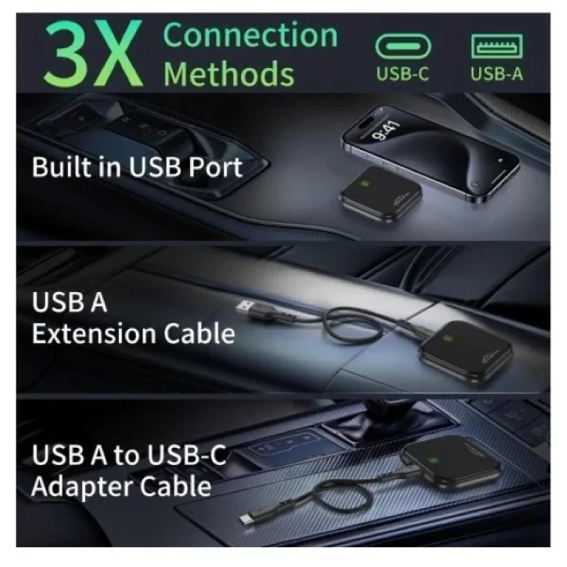 کارپلی و اندروید اتو مدل 2in1 wireless adapter به همراه کابل USB به USB-C و کابل USB-C
