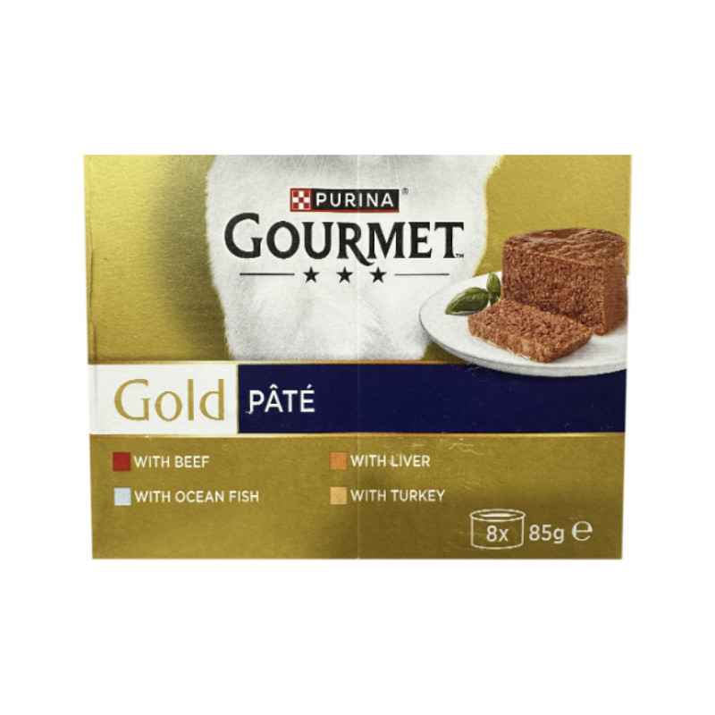 کنسرو غذای گربه بالغ گورمت مدل Gold Pate بافت  پته  با طعم ماهی، بوقلمون، گوشت گاو و جگر بسته 8 عددی