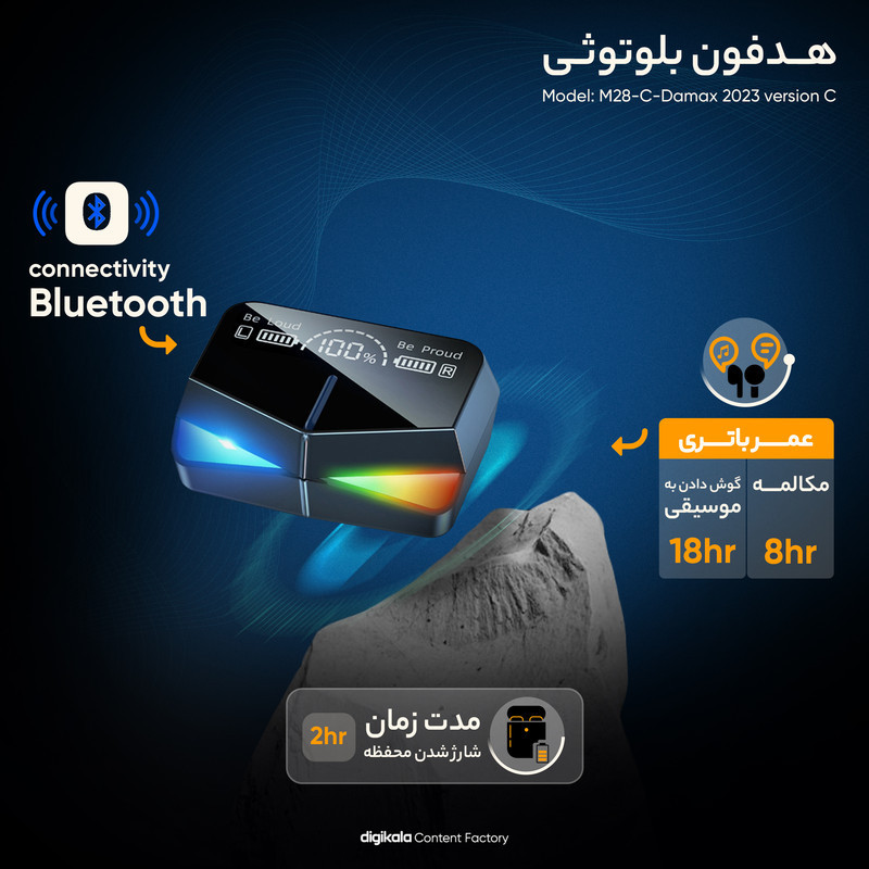 هدفون بلوتوثی داماکس مدل M28-C-Damax بدون قابلیت نویز کنسلینگ، درگاه شارژ USB Type-C، دارای نشانگر LED، نشانگر باتری روی محفظه شارژر