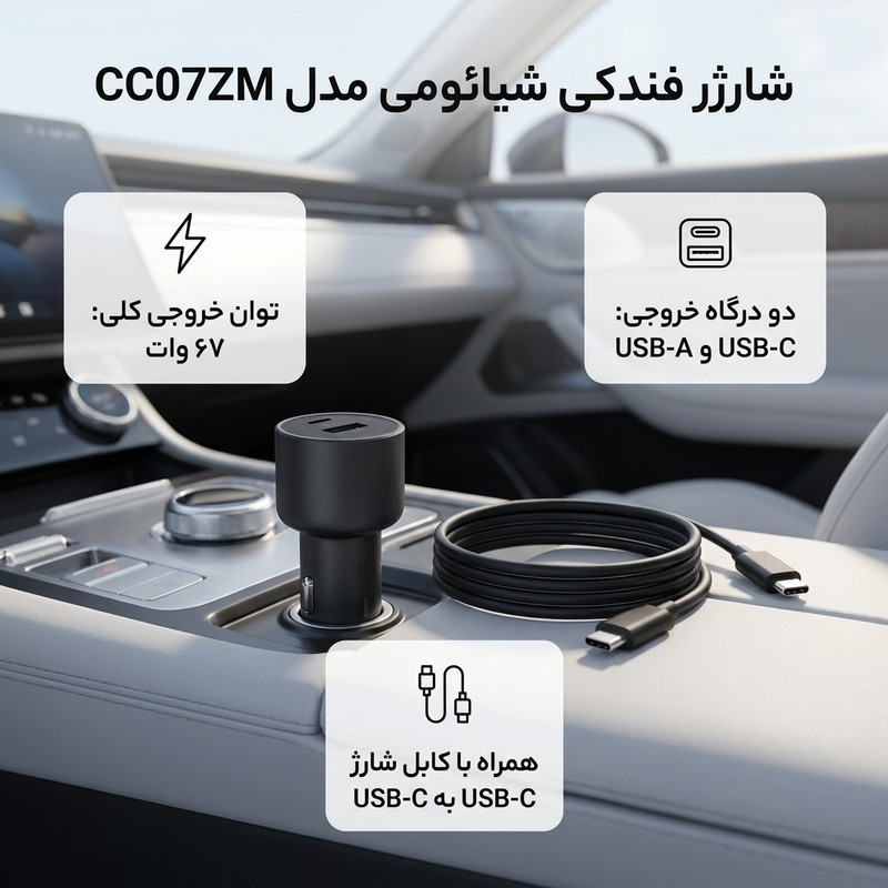 شارژر فندکی 67 وات دو پورت شیائومی مدل CC07ZM به همراه کابل شارژ USB-C به طول 1 متر