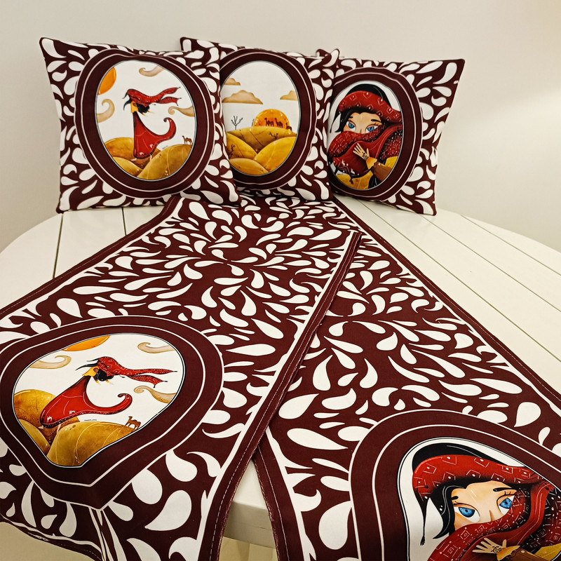 کاور کوسن نقش افرا مدل کولی سایز 30x30 مجموعه سه عددی به همراه رانر رومیزی