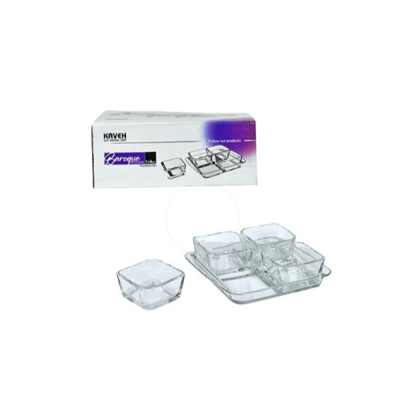 ست اردوخوری بلور کاوه مدل باروک مجموعه 5 عددی کریستال بلور مربع با سینی، ابعاد 14×14×5 سانتی‌متر، مناسب سرو عسل و پنیر و نمک، شستشو با دست