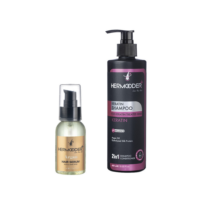 شامپو مو هرمودر مدل Keratin مناسب برای مو کراتین شده حجم 400 میلی لیتر به همراه سرم موی هرمودر مدل Argan مناسب برای انواع مو حجم 75 میلی لیتر