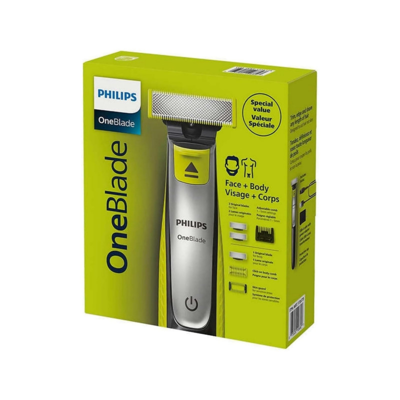 ماشین اصلاح موی صورت و بدن شارژی فیلیپس مدل QP283460 با فناوری OneBlade، ضد آب، تیغه استیل ضد زنگ، خط زن و حجم زن، همراه با 2 تیغه یدک، شارژ 240 دقیقه و زمان استفاده 60 دقیقه
