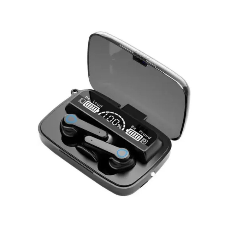 هدغون بلوتوثی مدل air pods m19 بدون قابلیت نویز کنسلینگ، درگاه شارژ microUSB، دارای کنترلر لمسی روی گوشی‌ها، امکان استفاده از محفظه شارژ به عنوان پاور بانک