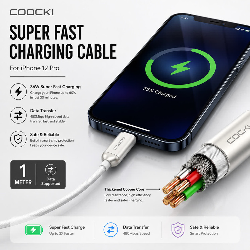 کابل تبدیل USB-C به لایتنینگ توکی مدل iphone-12 pro با طول ۱ متر