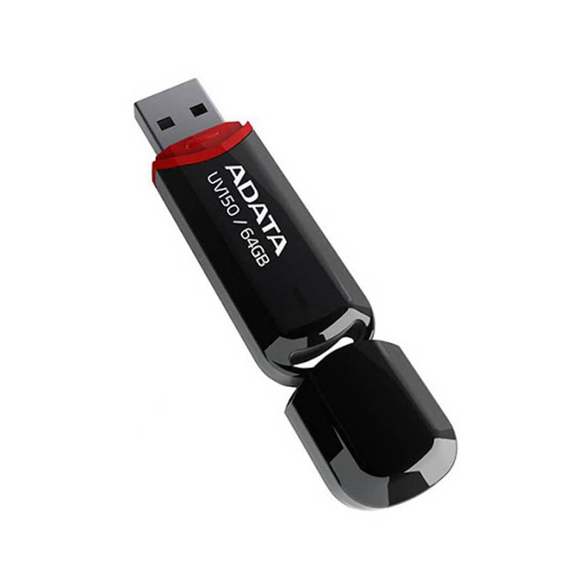 فلش مموری ای دیتا مدل UV150 ظرفیت 64 گیگابایت، رابط USB 3.2 Gen1 با سرعت خواندن 100 مگابایت بر ثانیه، درپوش‌دار، سازگار با ویندوز، مک و لینوکس، مناسب موبایل، تبلت، لپ‌تاپ و تلویزیون