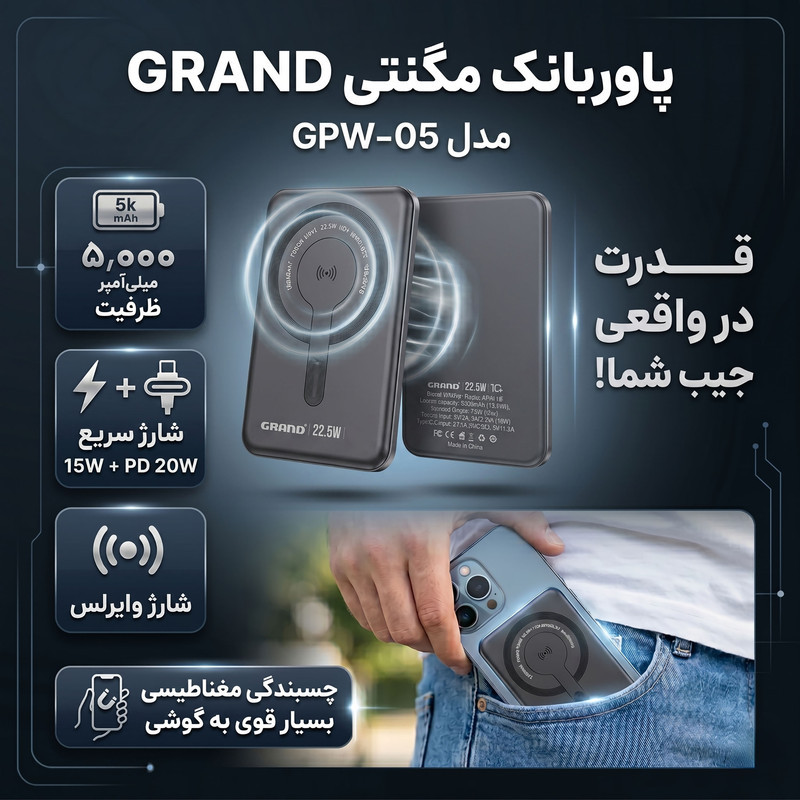 پاوربانک بی‌سیم 22.5 وات گرند اسکای مدل مگ سیف GPW-05 ظرفیت 5000 میلی‌ آمپرساعت