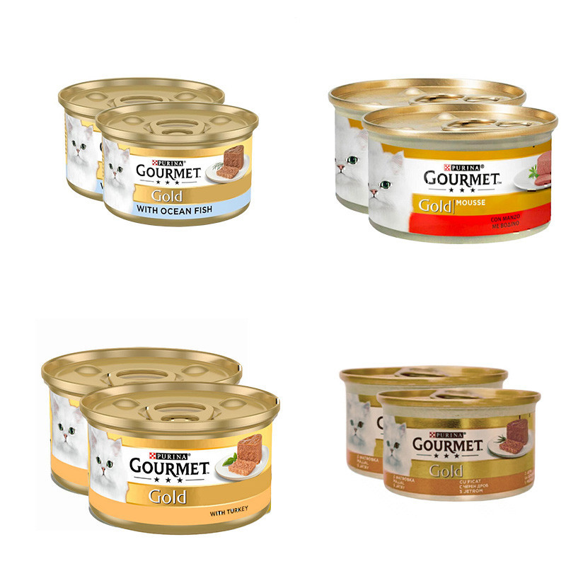 کنسرو غذای گربه بالغ گورمت مدل Gold Pate بافت  پته  با طعم ماهی، بوقلمون، گوشت گاو و جگر بسته 8 عددی