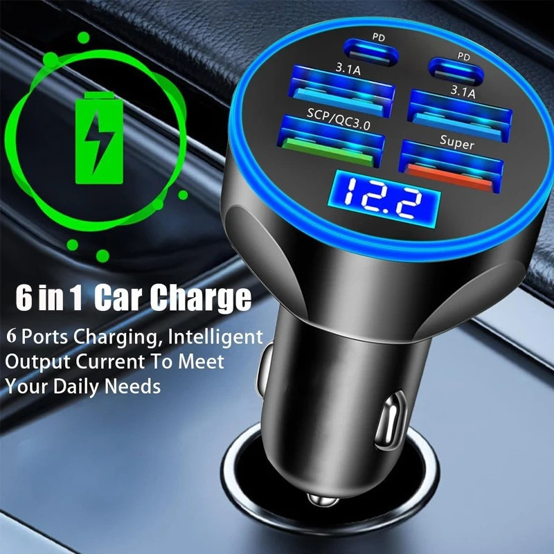 شارژر فندکی 66 وات فیوپلاس 6 پورت مدل FP-89 به همراه کابل usb-c