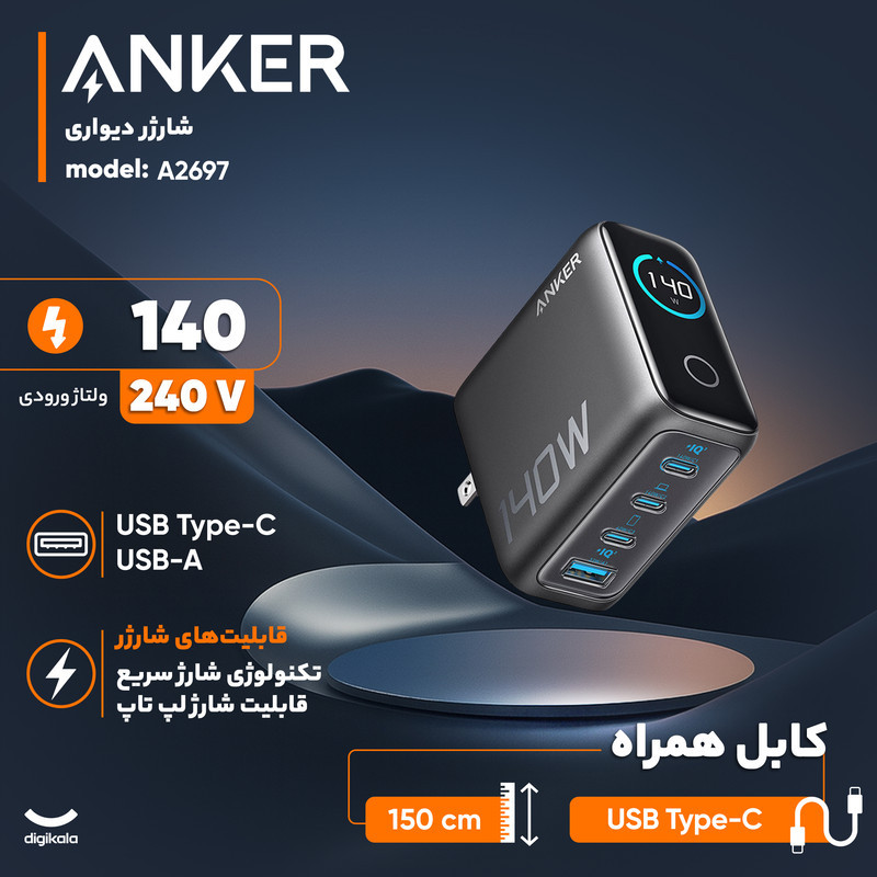 شارژر دیواری 140 وات انکر مدل A2697 به همراه کابل USB-C به طول 1.5 متر