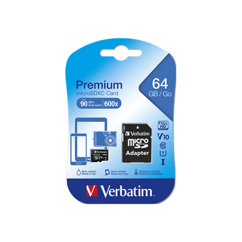کارت حافظه Micro SDXC ورباتیم مدل Premium کلاس 10 UHS-I سرعت 90MBS ظرفیت 64 گیگابایت به همراه آداپتور