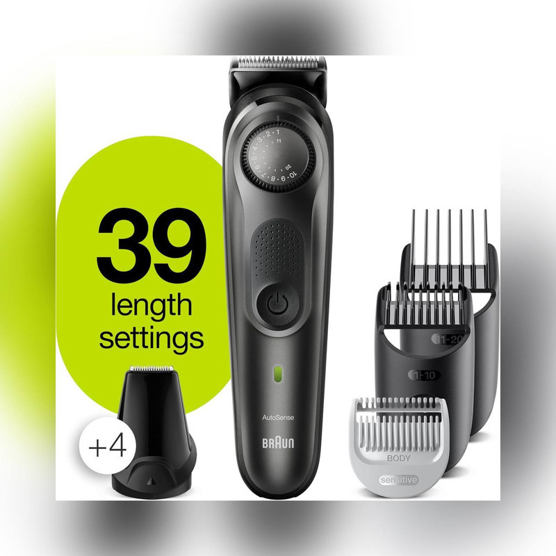 ماشین اصلاح صورت و بدن شارژی براون مدل BT7350 ضدآب با فناوری AutoSense، تیغه‌های خودتیزشونده استیل ضدزنگ، باتری لیتیوم‌یون با 100 دقیقه کارکرد، شارژ سریع و تنظیم اصلاح با 39 شماره نیم‌میلی‌متری