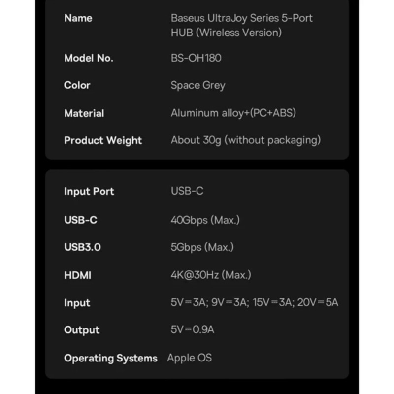 هاب 5 پورت USB-C بیسوس مدل  BS-OH180  Direct Link Type