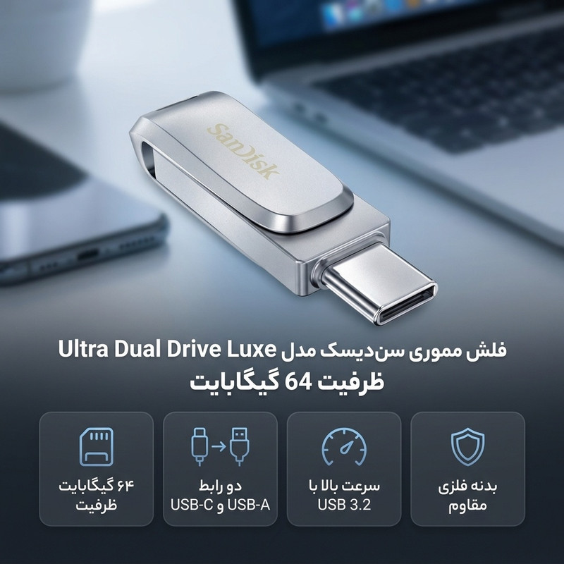 فلش مموری سن دیسک مدل Ultra Dual Drive Luxe ظرفیت 64 گیگابایت با رابط USB 3.2