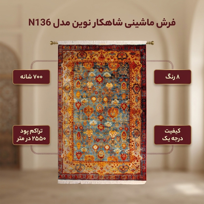 فرش ماشینی 700 شانه زمینه آبی حاشیه قرمز لاکی مدل شاهکار نوين کد N136