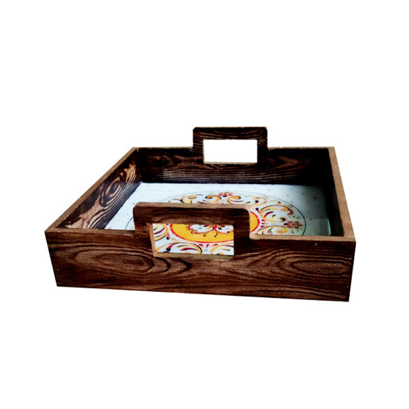سینی دسته دار مدل چوبی رزین کد 2210 سایز 25*25 سانتی متر