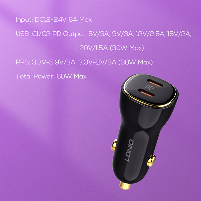 شارژر فندکی 60 وات الدینیو مدل C104 همراه با کابل USB-C