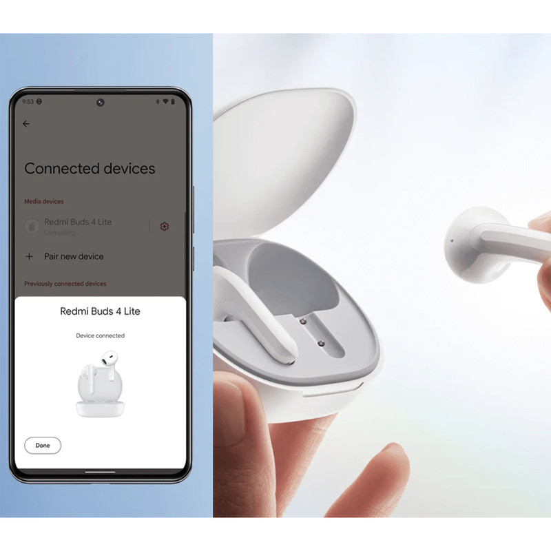 هدفون بلوتوثی شیائومی مدل Redmi Buds 4 Lite بدون قابلیت نویز کنسلینگ، درگاه شارژ USB Type-C، دارای کنترل لمسی و مقاوم در برابر رطوبت و عرق