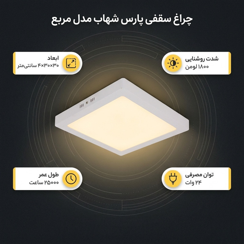 چراغ‌ سقفی 24 وات پارس شهاب مدل مربع روکار
