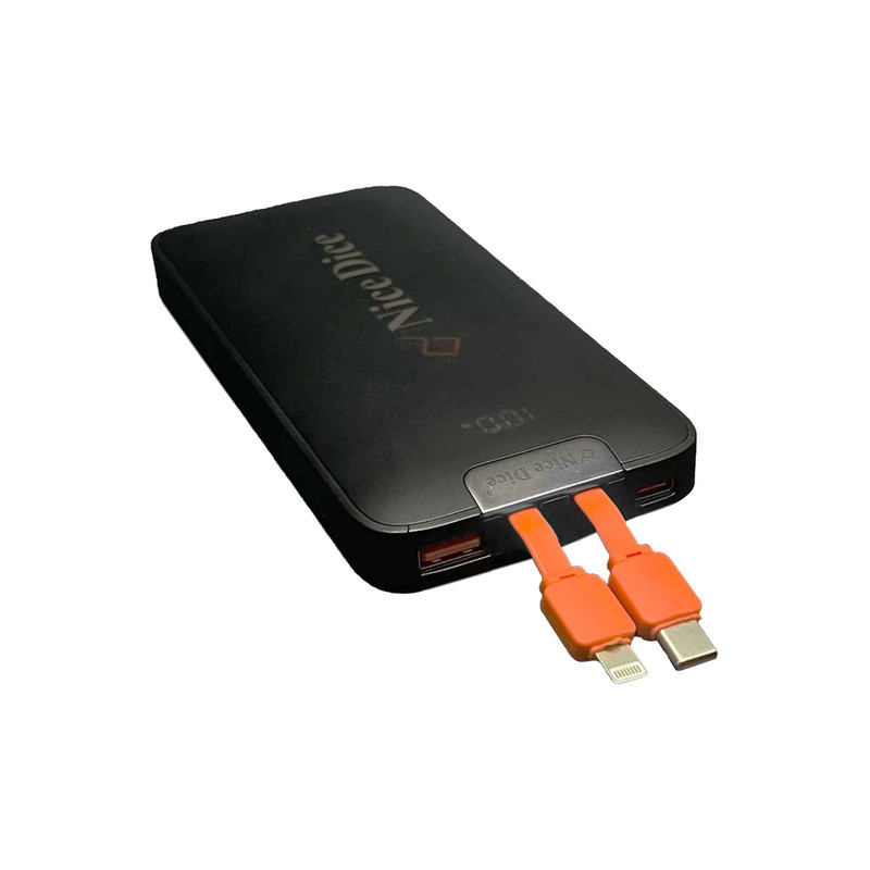 پاوربانک نایس دایس 22.5 وات مدل 124 ظرفیت 10000 میلی‌آمپرساعت به همراه دو کابل متصل USB-C و لایتنینگ