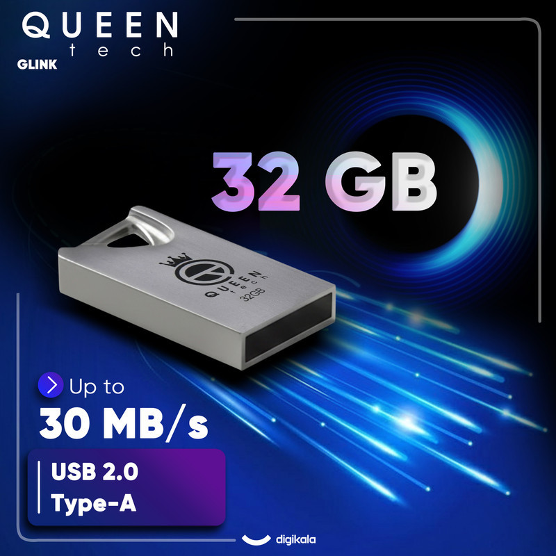فلش مموری 32 گیگابایت کوئین تک مدل GLINK با رابط USB 2.0، طراحی بند انگشتی فلزی، سازگار با گوشی، تبلت، کامپیوتر و تلویزیون، سرعت انتقال 30 مگابایت بر ثانیه