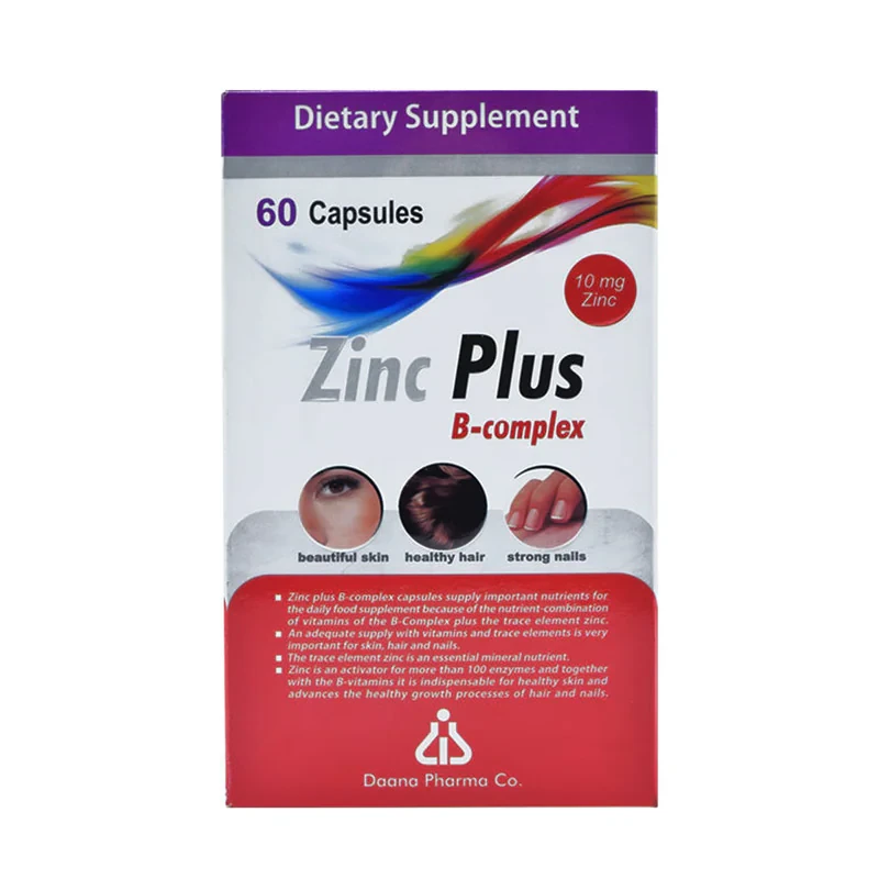 کپسول زینک پلاس 10 میلی گرمی تقویت‌کننده سیستم ایمنی و سلامت پوست و مو دانا مدل B-complex بسته 60 عددی با ویتامین‌های گروه ب، بیوتین، فولیک اسید و ویتامین C، پیشگیری از ریزش مو و تقویت ناخن، ترمیم زخم و افزایش مقاومت بدن