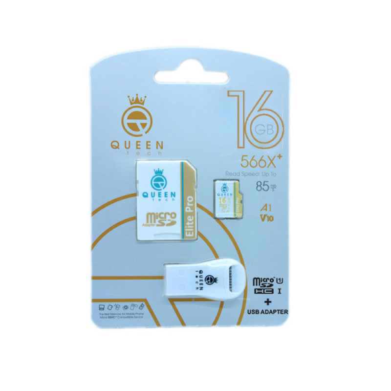 کارت حافظه Micro SDHC کوئین تک مدل Eite pro V10-566X PLUS کلاس 10 استاندارد UHS-l U1 سرعت 85mbps ظرفیت 16 گیگابایت به همراه آداپتور SD و کارت خوان USB