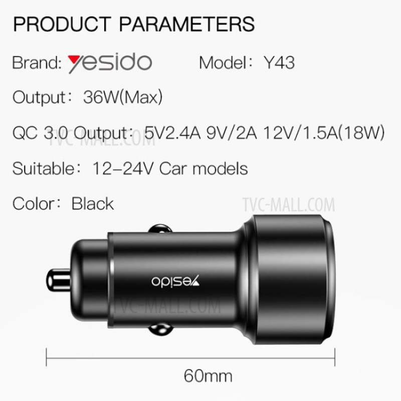 شارژر فندکی یسیدو مدل Yesido Y43 Car Charger