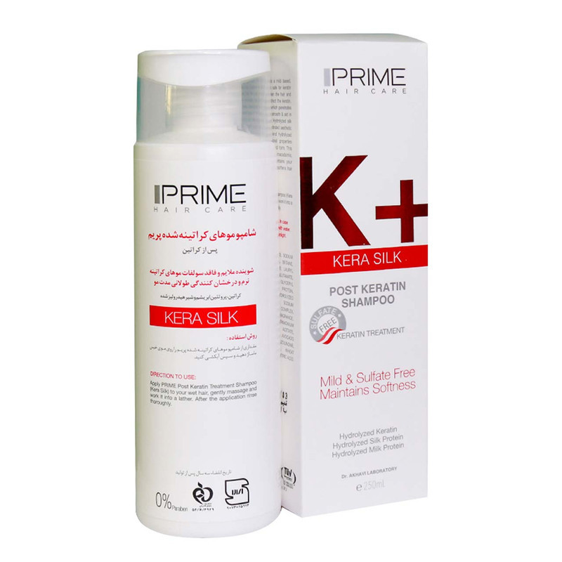شامپو کراتینه مو پرایم مخصوص پوست سر و موهای انواع مو، حجم 250 میلی‌لیتر مدل K+ Kera Silk، حاوی کراتین، پروتئین هیدرولیز شده شیر، ابریشم و بدون سولفات، صاف‌کننده و درخشان‌کننده