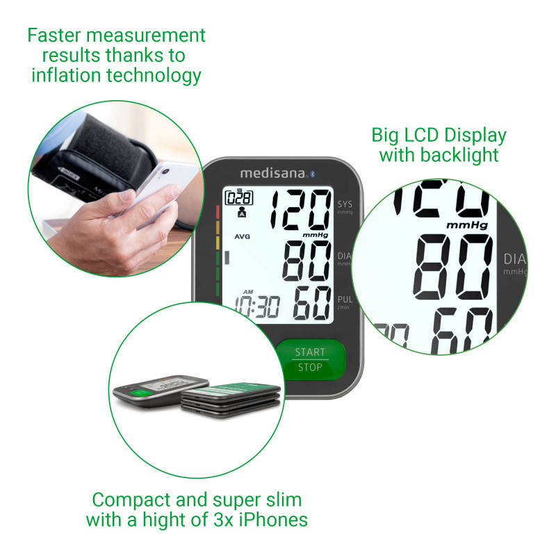 فشارسنج دیجیتال بازویی مدیسانا مدل BU 570B با صفحه نمایش LCD بزرگ و نور پس‌زمینه، حافظه 120 عددی برای 2 کاربر، تشخیص آریتمی، انتقال داده بلوتوث و کاف مناسب بازو 22 تا 42 سانتی‌متر