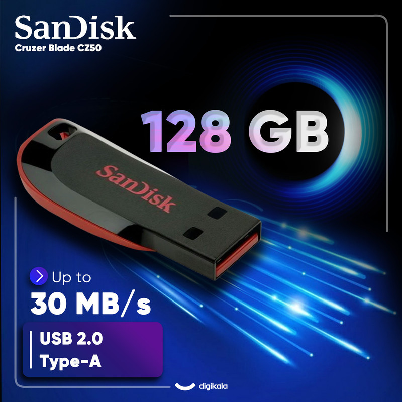 فلش مموری سن دیسک مدل Cruzer Blade CZ50 ظرفیت 128 گیگابایت با رابط USB 2.0، بدنه مات مقاوم در برابر لک و اثر انگشت، سرعت انتقال 30 مگابایت بر ثانیه، قابلیت رمزگذاری اطلاعات و طراحی بدون درپوش با شیار اتصال بند