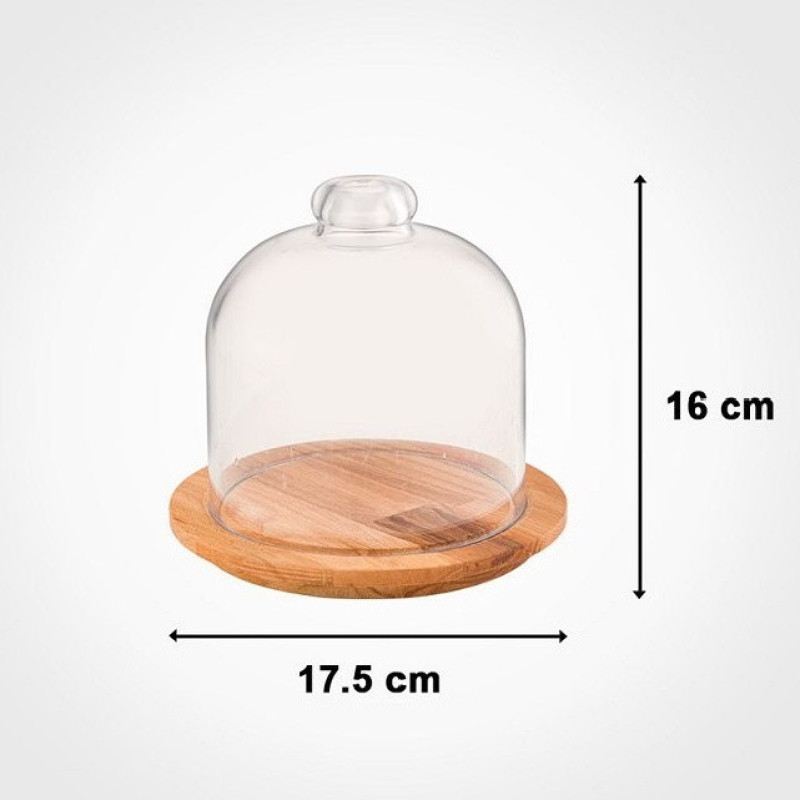 ظرف سرو پنیر پایه چوبی با درپوش شیشه‌ای شفاف، ابعاد 17.5×17.5×16، وزن 500 گرم، مناسب شستشو با دست، فرم دایره‌ای