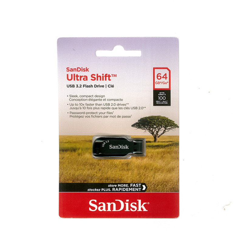 فلش مموری سن دیسک Ultra Shift ظرفیت 64 گیگابایت، USB 3.2، سرعت انتقال تا 100 مگابایت بر ثانیه، مقاوم در برابر شوک، لرزش، گرد و غبار و ضد اثر انگشت