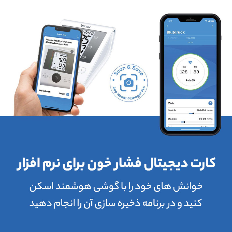 فشارسنج بازویی دیجیتال بیورر مدل BM28 با حافظه 120 رکورد برای 4 کاربر، نمایشگر LCD بزرگ، تشخیص آریتمی، هشدار خطای محاسباتی، سنجش ضربان قلب، قابلیت خاموشی خودکار و منبع تغذیه باتری قلمی و آداپتور