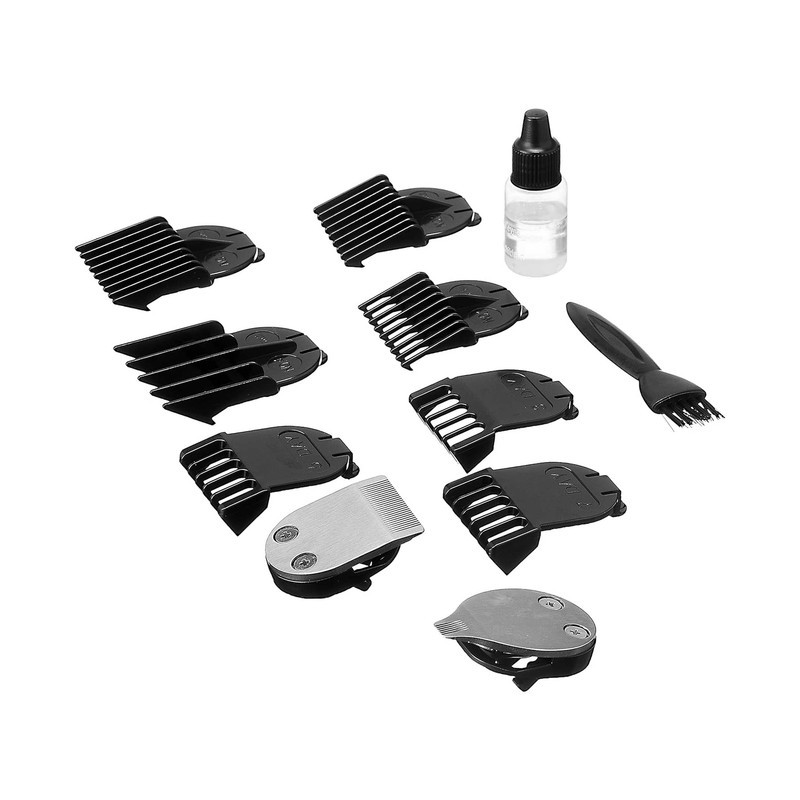 ماشین اصلاح موی صورت جیمی مدل GM830 با تیغه استیل ضد زنگ، برش مستقیم، قابلیت تنظیم سرعت، همراه 7 شانه اصلاح از 0.2 تا 9 میلی‌متر و منبع تغذیه برق با سیم