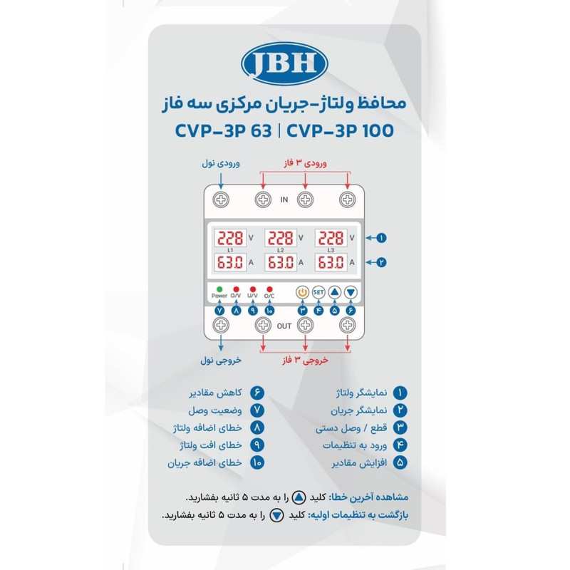 محافظ کنترل ولتاژ و آمپر برق ورودی جی بی اچ مدل 100A سه فاز