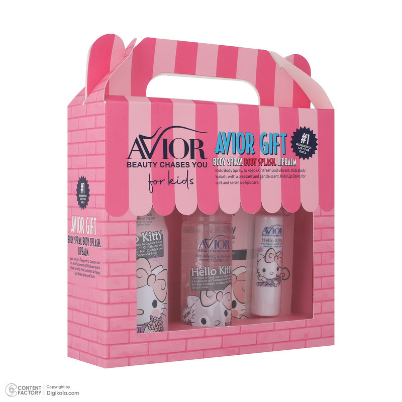 اسپری بدن کودک اویور مدل hello kitty حجم 130 میلی‌لیتر با رایحه گرم مناسب زمستان به همراه بادی اسپلش اویور مدل hello kitty حجم 60 میلی‌لیتر و بالم لب اویور مدل hello kitty  با وزن 2.8 گرم