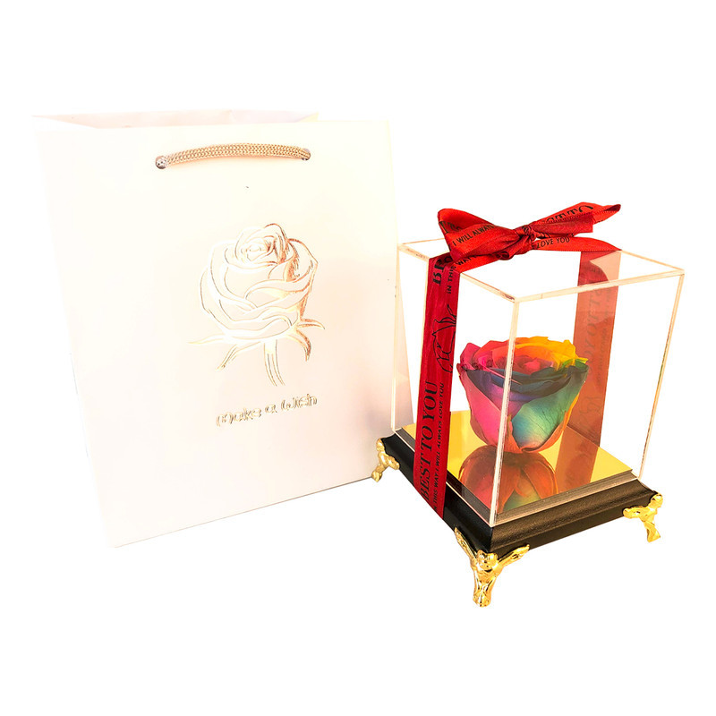 گل رز جاودان مدل پایه فرشته باکس تمام شیشه‌ای چوبی و پلکسی، ماندگاری 3 تا 5 ساله، ابعاد 10x10x11 سانتی‌متر، وزن 350 گرم، همراه روبان هدیه