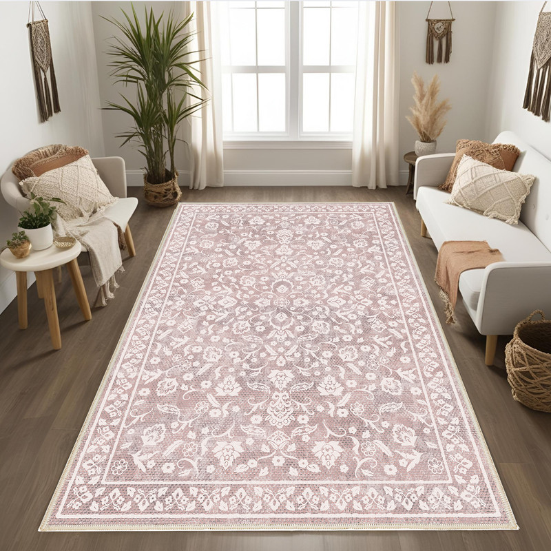 فرش ماشینی 1000 شانه اورکوم زمینه و حاشیه صورتی مدل نانو چاپ بدون پرز کد 1121.04