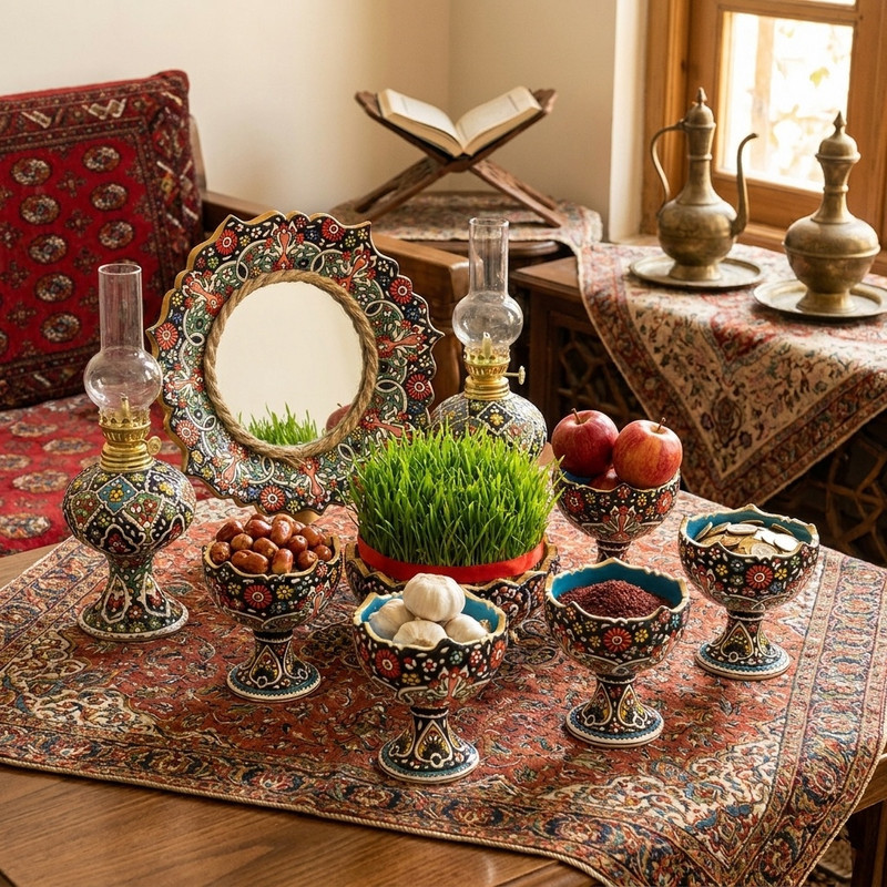 مجموعه ظروف هفت سین 9 پارچه میناکاری مدل فیروزه کد 9