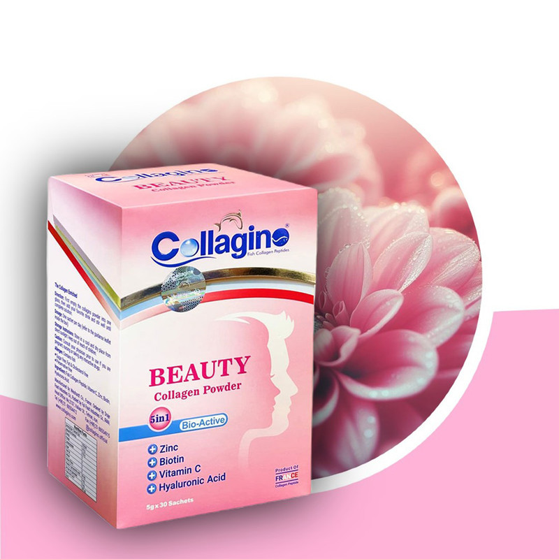 پودر کلاژن تقویت‌کننده پوست، مو و ناخن کلاژینو بیوتی مدل Beauty حاوی کلاژن پپتاید ماهی، ویتامین سی، زینک، بیوتین و هیالورونیک اسید، مکمل 5 در 1 ضدپیری و آنتی‌اکسیدان ساخت فرانسه، بسته 30 عددی