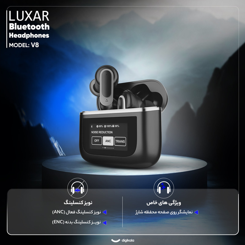 هدفون بلوتوثی لوکسار مدل V8 دارای نویز کنسلینگ فعال (ANC) و نویز کنسلینگ میکروفون (ENC)، درگاه شارژ UBC Type-C، دارای نمایشگر روی محفظه شارژ