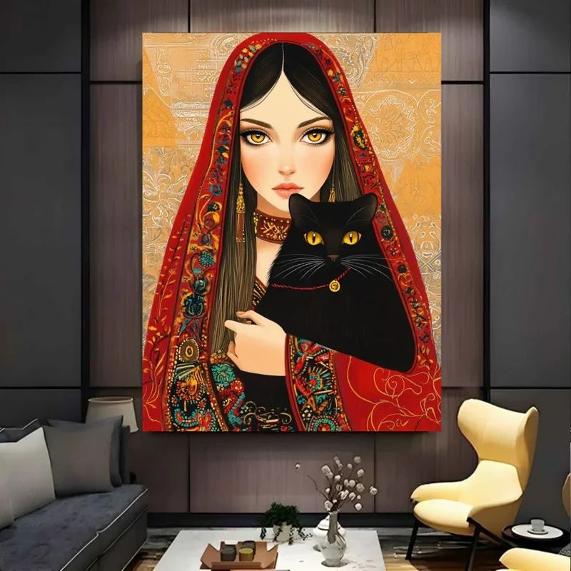 تابلو بوم طرح مخمل نقاشی بانو مدل گربه سیاه کد BK24399