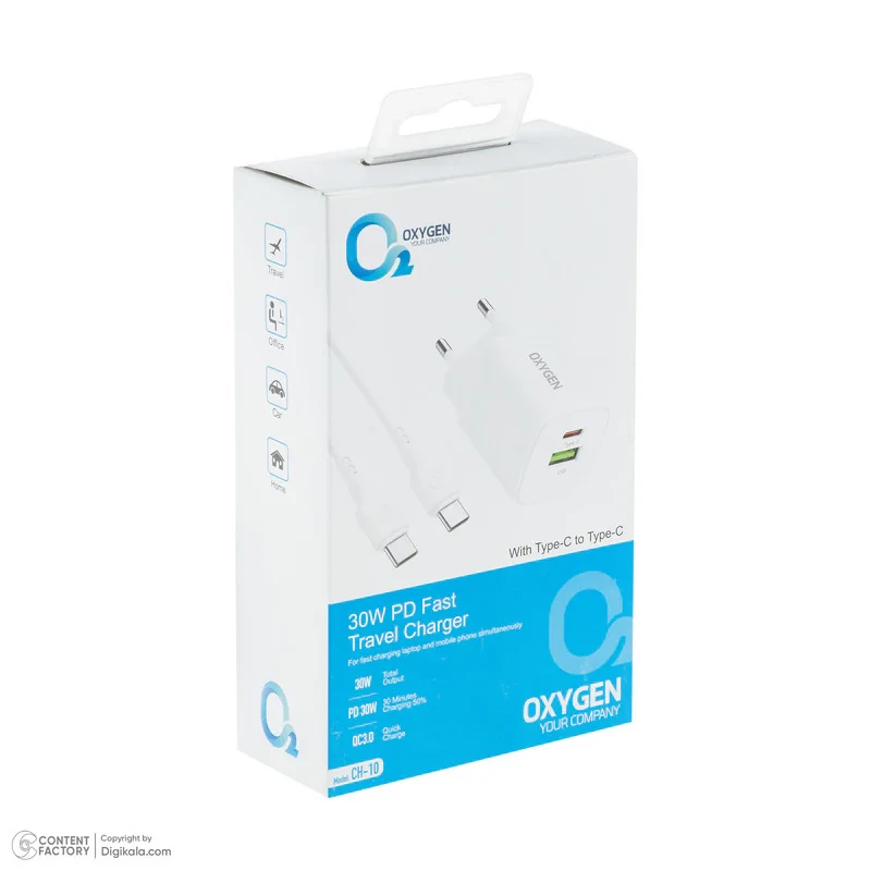 شارژر دیواری 30 وات دو پورت اکسیژن مدل CH-10 به همراه کابل USB-C
