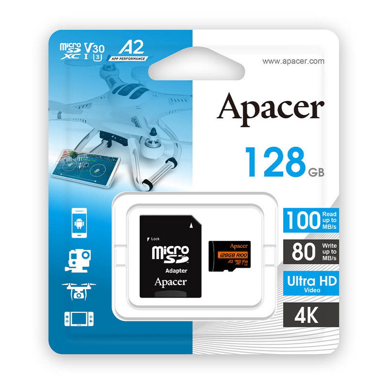 کارت حافظه microSDXC اپیسر مدل AP64G استاندارد HS-I U3 V30 A2 سرعت 100MBps ظرفیت 128 گیگابایت همراه با آداپتور SD