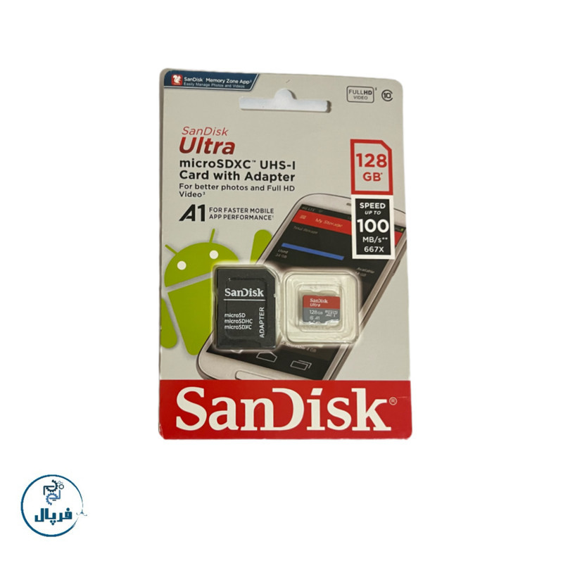 کارت حافظه microSDXC سن دیسک مدل Ultra A1 کلاس 10 استاندارد UHS-I سرعت 100MBps ظرفیت ۱۲۸ گیگابایت به همراه آداپتور SD
