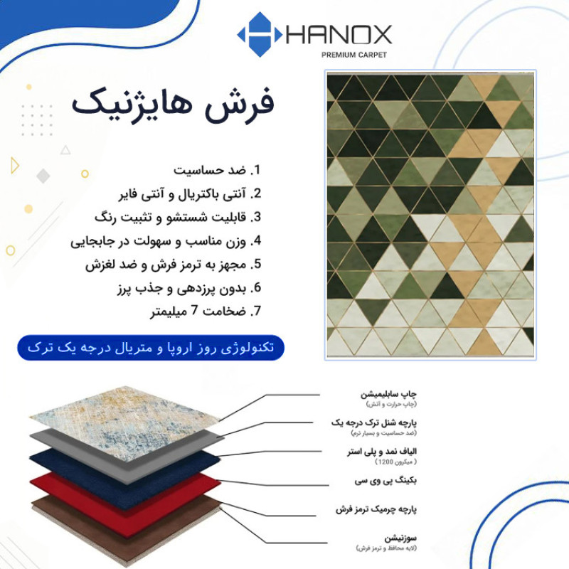 فرش ماشینی 1000 شانه هانوکس زمینه سبز حاشیه چند رنگ مدل مدرن کد HAM.978.2