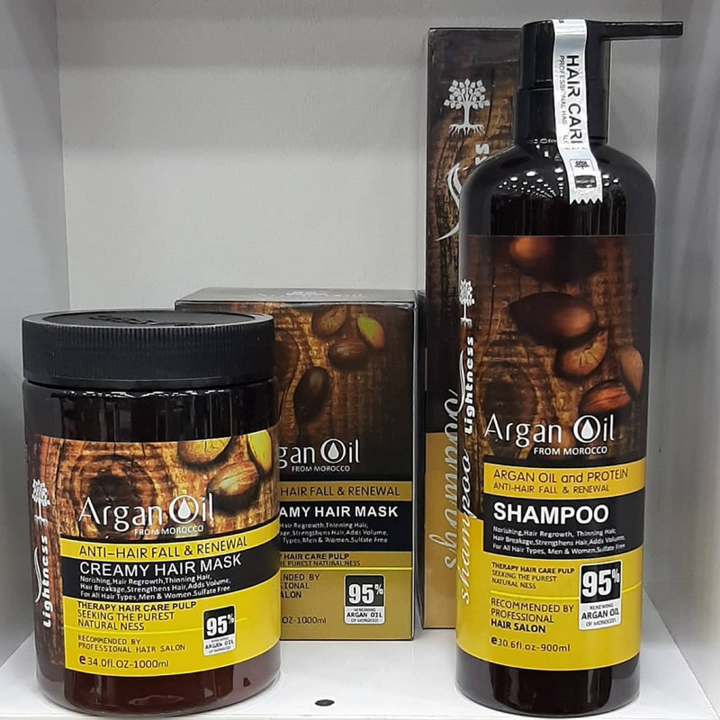 شامپو تقویت‌کننده و ترمیم کننده مو لایتنس مدل argan حجم 900 میلی‌لیتر به همراه ماسک مو لایتنس مدل argan oil حجم 1000 میلی‌لیتر