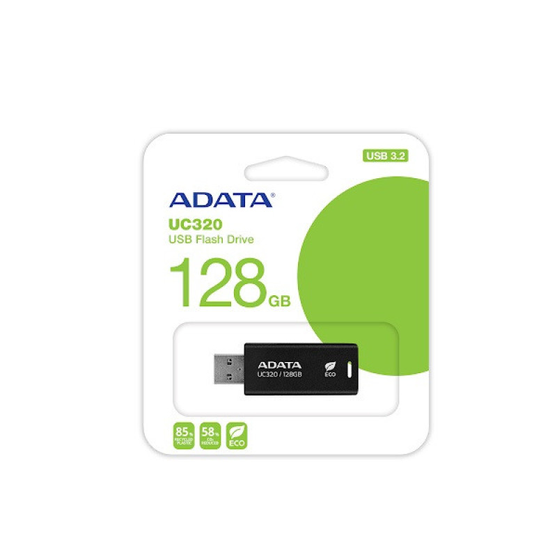 فلش مموری ای دیتا مدل UC320 ظرفیت 128 گیگابایت با رابط USB 3.2، مقاوم در برابر ضربه و طراحی کشویی، سازگار با سیستم‌عامل‌های ویندوز، مک و لینوکس، ساخته شده از پلاستیک بازیافتی